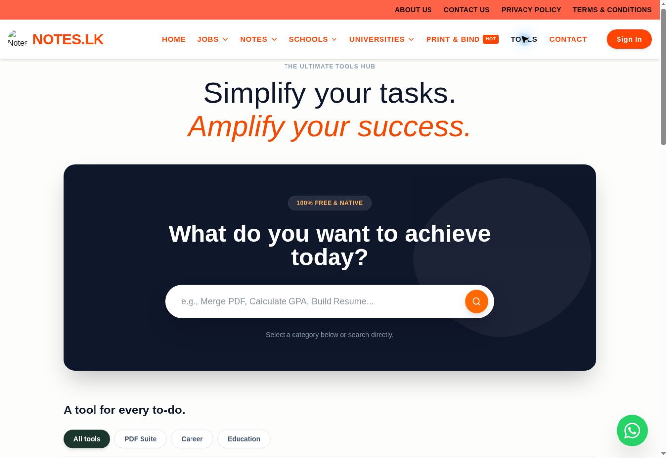 Notes.lk Tools page captured from the live website