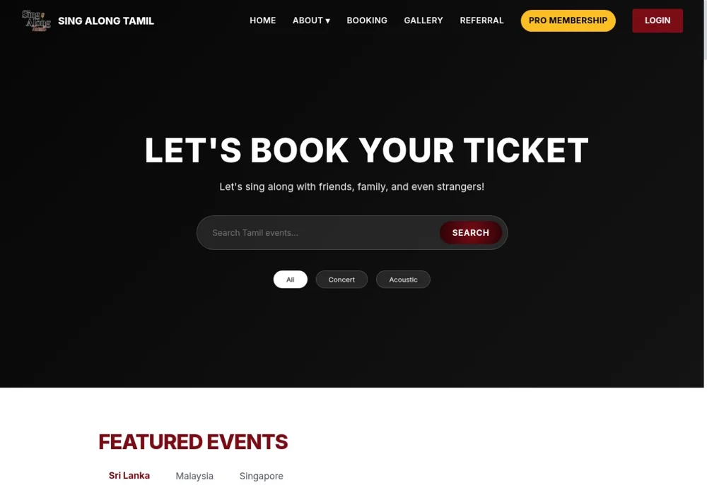 Sing Along Tamil homepage with event search and featured events